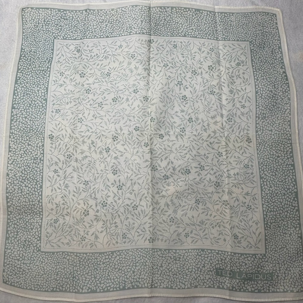 Vtg TED LAPIDUS Scarf Handkerchief Botanical Leaf Floral Cotton Blend Green 16"